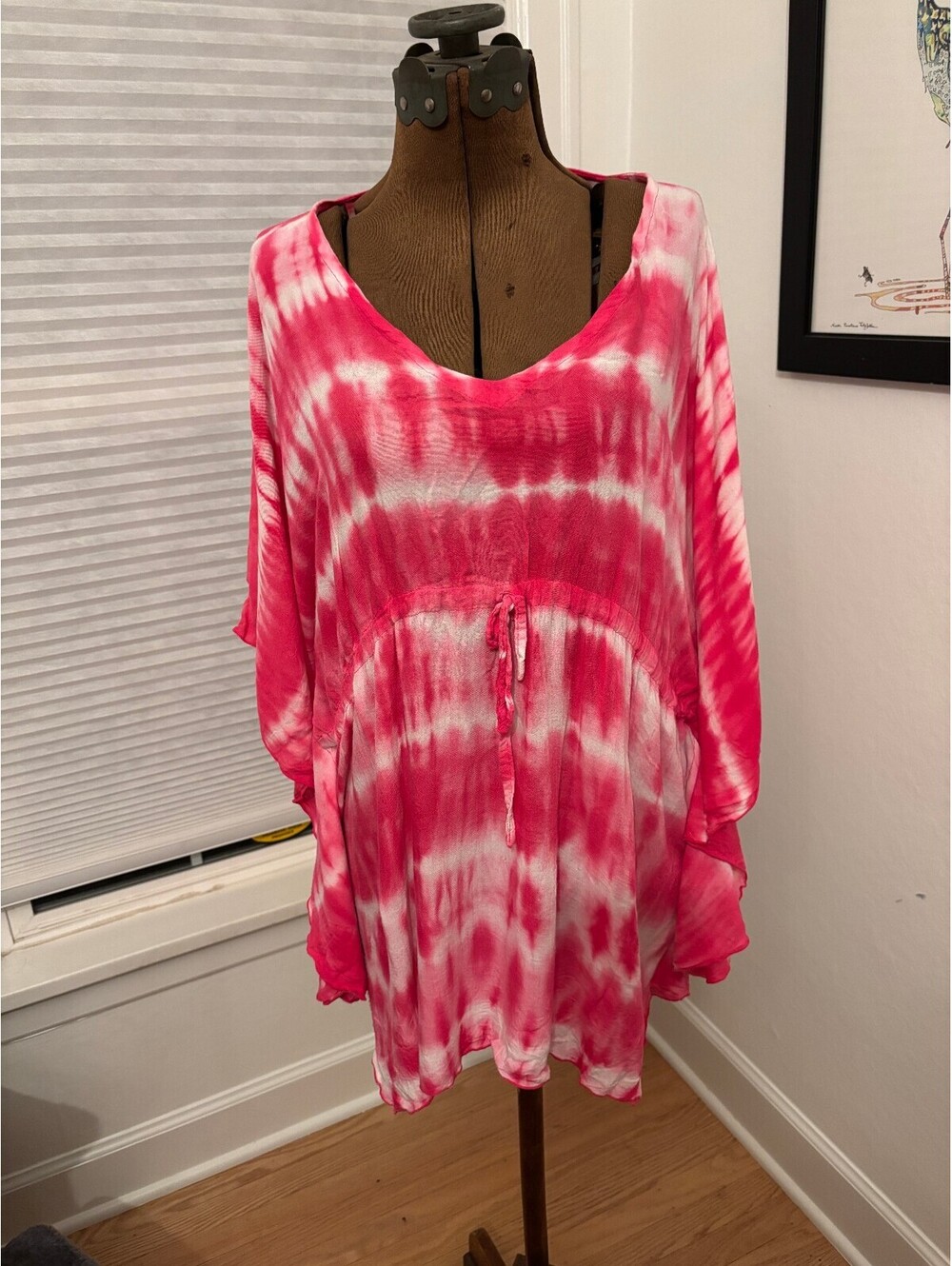 Na Pua Honolulu Pink White TieDye Boho Kaftan Tunic Top VNeck Resort Wear (2217)